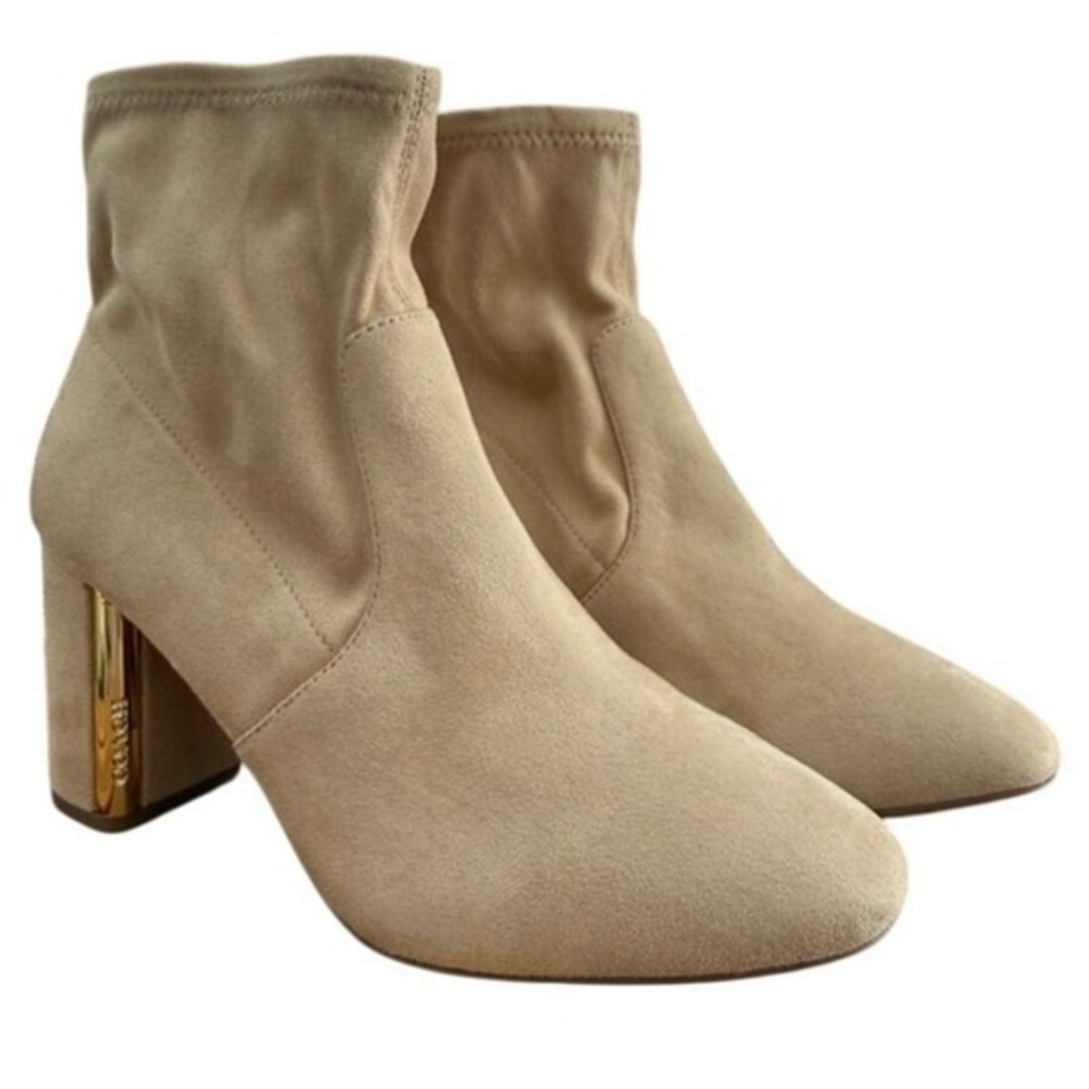 Coach Microsuede Sock Boot Gold Logo Block Heel Minimalist Chic Beige 8.5 Luxury